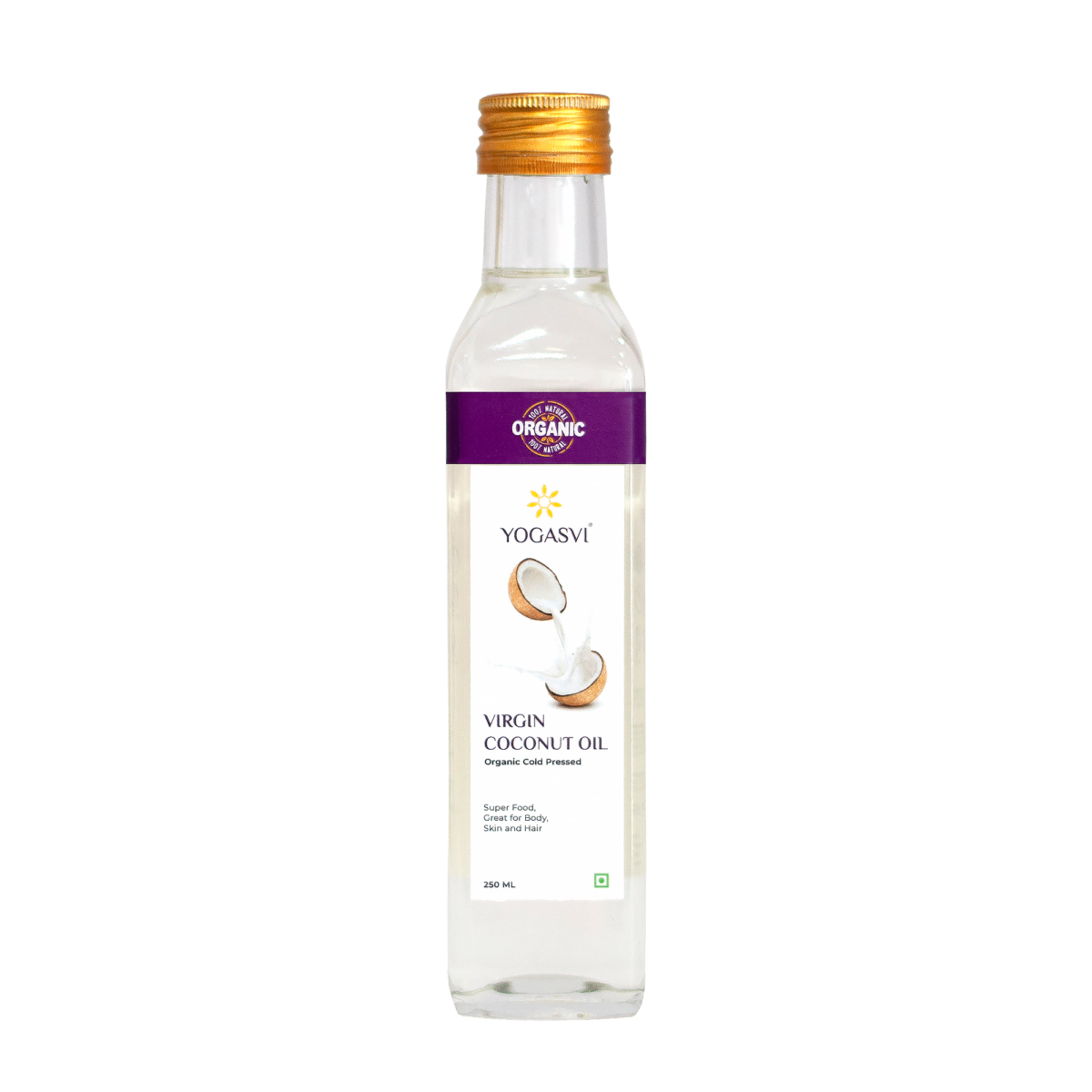 A 250 ml glass bottle of Yogasvi Virgin Coconut Oil with a gold cap.